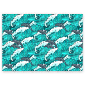Поздравительная открытка с принтом Дельфины в Белгороде, 100% бумага | плотность бумаги 280 г/м2, матовая, на обратной стороне линовка и место для марки
 | dolphins | fish | ocean | pattern | sea | summer | waves | волны | дельфины | лето | море | океан | паттерн | рыбы