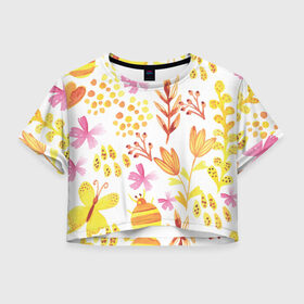 Женская футболка Cropp-top с принтом Коллекция HYPNOSE в Белгороде, 100% полиэстер | круглая горловина, длина футболки до линии талии, рукава с отворотами | паттерн | разноцветный | растительный | яркие