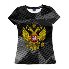 Женская футболка 3D с принтом RUSSIA BLACK GEOMETRY в Белгороде, 100% полиэфир ( синтетическое хлопкоподобное полотно) | прямой крой, круглый вырез горловины, длина до линии бедер | abstraction | grunge | russia | sport | абстракция | герб | краска | русский | символика рф | спорт | спортивный | триколор | униформа | форма | я русский