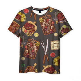 Мужская футболка 3D с принтом Вкуснятина в Белгороде, 100% полиэфир | прямой крой, круглый вырез горловины, длина до линии бедер | Тематика изображения на принте: барбекю | еда | кулинария | мясо | повар | стейк | шашлык