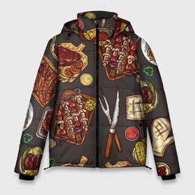 Мужская зимняя куртка 3D с принтом Вкуснятина в Белгороде, верх — 100% полиэстер; подкладка — 100% полиэстер; утеплитель — 100% полиэстер | длина ниже бедра, свободный силуэт Оверсайз. Есть воротник-стойка, отстегивающийся капюшон и ветрозащитная планка. 

Боковые карманы с листочкой на кнопках и внутренний карман на молнии. | Тематика изображения на принте: барбекю | еда | кулинария | мясо | повар | стейк | шашлык