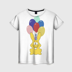 Женская футболка 3D с принтом Зайчик с шарами в Белгороде, 100% полиэфир ( синтетическое хлопкоподобное полотно) | прямой крой, круглый вырез горловины, длина до линии бедер | желейный зайчик | желейный заяц | заяц