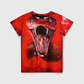 Детская футболка 3D с принтом Red Snake в Белгороде, 100% гипоаллергенный полиэфир | прямой крой, круглый вырез горловины, длина до линии бедер, чуть спущенное плечо, ткань немного тянется | art | halloween | snake | арт | змея | клыки | красная | мамба | хэллоуин | яд