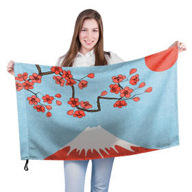 Флаг 3D с принтом Гора Фудзияма в Белгороде, 100% полиэстер | плотность ткани — 95 г/м2, размер — 67 х 109 см. Принт наносится с одной стороны | белый | вершина | вишня | зима | красный | сакура | синий | снег | япония