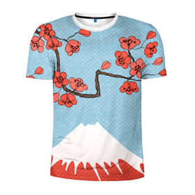 Мужская футболка 3D спортивная с принтом Гора Фудзияма в Белгороде, 100% полиэстер с улучшенными характеристиками | приталенный силуэт, круглая горловина, широкие плечи, сужается к линии бедра | Тематика изображения на принте: белый | вершина | вишня | зима | красный | сакура | синий | снег | япония