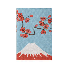 Обложка для паспорта матовая кожа с принтом Гора Фудзияма в Белгороде, натуральная матовая кожа | размер 19,3 х 13,7 см; прозрачные пластиковые крепления | Тематика изображения на принте: белый | вершина | вишня | зима | красный | сакура | синий | снег | япония