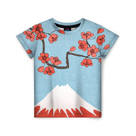 Детская футболка 3D с принтом Гора Фудзияма в Белгороде, 100% гипоаллергенный полиэфир | прямой крой, круглый вырез горловины, длина до линии бедер, чуть спущенное плечо, ткань немного тянется | белый | вершина | вишня | зима | красный | сакура | синий | снег | япония