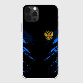 Чехол для iPhone 12 Pro с принтом Russia-sport collection BLUE в Белгороде, силикон | область печати: задняя сторона чехла, без боковых панелей | Тематика изображения на принте: abstraction | grunge | russia | sport | абстракция | герб | краска | русский | символика рф | спорт | спортивный | триколор | униформа | форма | я русский