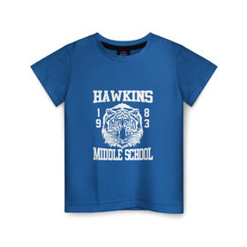 Детская футболка хлопок с принтом Hawkins middle school в Белгороде, 100% хлопок | круглый вырез горловины, полуприлегающий силуэт, длина до линии бедер | Тематика изображения на принте: hawkins | stranger things | очень странные дела | хоукинс