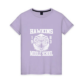 Женская футболка хлопок с принтом Hawkins middle school в Белгороде, 100% хлопок | прямой крой, круглый вырез горловины, длина до линии бедер, слегка спущенное плечо | hawkins | stranger things | очень странные дела | хоукинс