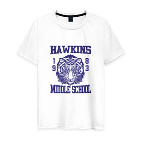 Мужская футболка хлопок с принтом Hawkins middle school в Белгороде, 100% хлопок | прямой крой, круглый вырез горловины, длина до линии бедер, слегка спущенное плечо. | hawkins | stranger things | очень странные дела | хоукинс