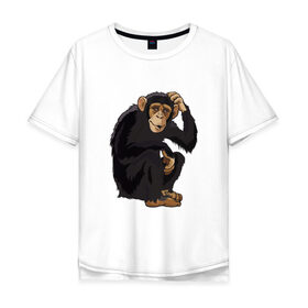 Мужская футболка хлопок Oversize с принтом Обезьяна думает в Белгороде, 100% хлопок | свободный крой, круглый ворот, “спинка” длиннее передней части | думать | животное | мавпа | обезьяна | человек
