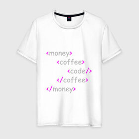 Мужская футболка хлопок с принтом Front-end разработка в Белгороде, 100% хлопок | прямой крой, круглый вырез горловины, длина до линии бедер, слегка спущенное плечо. | code | coffee | front end | html | money | деньги | код | кофе