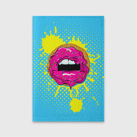 Обложка для паспорта матовая кожа с принтом Donut lips в Белгороде, натуральная матовая кожа | размер 19,3 х 13,7 см; прозрачные пластиковые крепления | Тематика изображения на принте: donut | kiss | lips | pop art | splash | sweet | брызги | губы | пончик | поп арт
