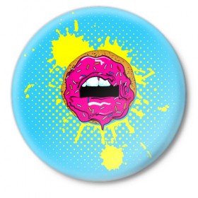 Значок с принтом Donut lips в Белгороде,  металл | круглая форма, металлическая застежка в виде булавки | donut | kiss | lips | pop art | splash | sweet | брызги | губы | пончик | поп арт