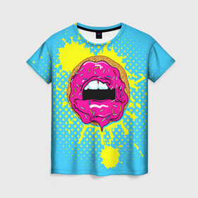 Женская футболка 3D с принтом Donut lips в Белгороде, 100% полиэфир ( синтетическое хлопкоподобное полотно) | прямой крой, круглый вырез горловины, длина до линии бедер | donut | kiss | lips | pop art | splash | sweet | брызги | губы | пончик | поп арт