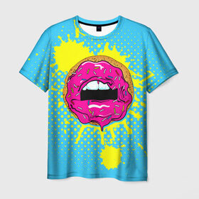 Мужская футболка 3D с принтом Donut lips в Белгороде, 100% полиэфир | прямой крой, круглый вырез горловины, длина до линии бедер | donut | kiss | lips | pop art | splash | sweet | брызги | губы | пончик | поп арт