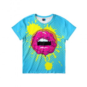 Детская футболка 3D с принтом Donut lips в Белгороде, 100% гипоаллергенный полиэфир | прямой крой, круглый вырез горловины, длина до линии бедер, чуть спущенное плечо, ткань немного тянется | Тематика изображения на принте: donut | kiss | lips | pop art | splash | sweet | брызги | губы | пончик | поп арт