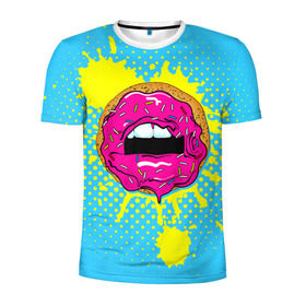 Мужская футболка 3D спортивная с принтом Donut lips в Белгороде, 100% полиэстер с улучшенными характеристиками | приталенный силуэт, круглая горловина, широкие плечи, сужается к линии бедра | donut | kiss | lips | pop art | splash | sweet | брызги | губы | пончик | поп арт