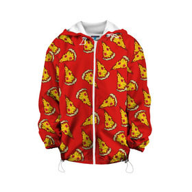 Детская куртка 3D с принтом Pizza red в Белгороде, 100% полиэстер | застежка — молния, подол и капюшон оформлены резинкой с фиксаторами, по бокам — два кармана без застежек, один потайной карман на груди, плотность верхнего слоя — 90 г/м2; плотность флисового подклада — 260 г/м2 | Тематика изображения на принте: fast food | pizza | еда | пицца | фастфуд