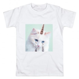 Мужская футболка хлопок с принтом котик единорог в Белгороде, 100% хлопок | прямой крой, круглый вырез горловины, длина до линии бедер, слегка спущенное плечо. | владивосток | единорожек | кот | пушистик | радуга | самара | свэг | слезки