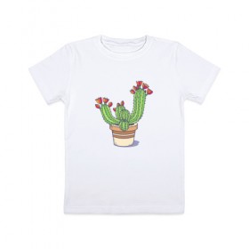 Детская футболка хлопок с принтом Кактус в Белгороде, 100% хлопок | круглый вырез горловины, полуприлегающий силуэт, длина до линии бедер | горшок | растение | цветет | цветок