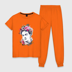 Женская пижама хлопок с принтом Фрида Кало в Белгороде, 100% хлопок | брюки и футболка прямого кроя, без карманов, на брюках мягкая резинка на поясе и по низу штанин | фрида кало