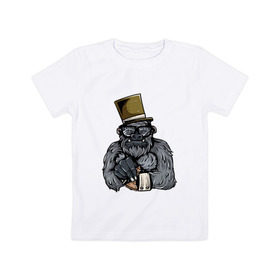 Детская футболка хлопок с принтом Гроссмейстер в Белгороде, 100% хлопок | круглый вырез горловины, полуприлегающий силуэт, длина до линии бедер | Тематика изображения на принте: chess | sport | горилла | животные | мат | обезьяна | примат | спорт | шах | шахматы | шляпа