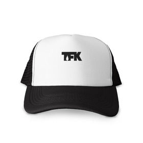 Кепка тракер с сеткой с принтом TFK logo black в Белгороде, трикотажное полотно; задняя часть — сетка | длинный козырек, универсальный размер, пластиковая застежка | Тематика изображения на принте: tfk | thousand foot krutch
