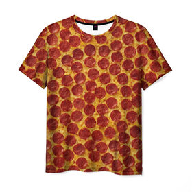 Мужская футболка 3D с принтом Пицца пепперони в Белгороде, 100% полиэфир | прямой крой, круглый вырез горловины, длина до линии бедер | pepperoni | pizza | еда | колбаса | мясо | пица | сардельки | сыр | фастфуд
