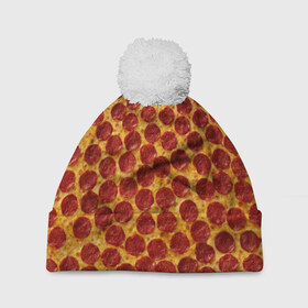 Шапка 3D c помпоном с принтом Пицца пепперони в Белгороде, 100% полиэстер | универсальный размер, печать по всей поверхности изделия | pepperoni | pizza | еда | колбаса | мясо | пица | сардельки | сыр | фастфуд