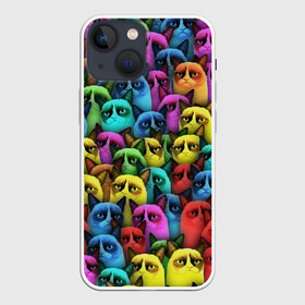 Чехол для iPhone 13 mini с принтом Разноцветные сердитые коты в Белгороде,  |  | cat | grumpy | грустный | злой | кот | кошка | мем | паттерн | радуга