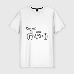 Мужская футболка премиум с принтом Велосипед программиста в Белгороде, 92% хлопок, 8% лайкра | приталенный силуэт, круглый вырез ворота, длина до линии бедра, короткий рукав | велосипед | код | программирование | программист | символы