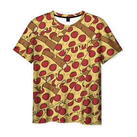 Мужская футболка 3D с принтом Pizza в Белгороде, 100% полиэфир | прямой крой, круглый вырез горловины, длина до линии бедер | cheese | fast food | food | junk food | pizza | еда | пицца | сыр | фастфут