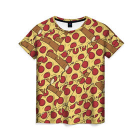 Женская футболка 3D с принтом Pizza в Белгороде, 100% полиэфир ( синтетическое хлопкоподобное полотно) | прямой крой, круглый вырез горловины, длина до линии бедер | cheese | fast food | food | junk food | pizza | еда | пицца | сыр | фастфут