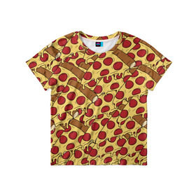 Детская футболка 3D с принтом Pizza в Белгороде, 100% гипоаллергенный полиэфир | прямой крой, круглый вырез горловины, длина до линии бедер, чуть спущенное плечо, ткань немного тянется | cheese | fast food | food | junk food | pizza | еда | пицца | сыр | фастфут
