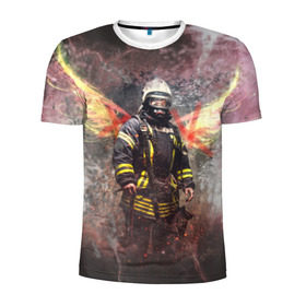 Мужская футболка 3D спортивная с принтом Пожарный в Белгороде, 100% полиэстер с улучшенными характеристиками | приталенный силуэт, круглая горловина, широкие плечи, сужается к линии бедра | 