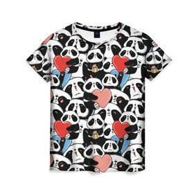 Женская футболка 3D с принтом Funny Panda в Белгороде, 100% полиэфир ( синтетическое хлопкоподобное полотно) | прямой крой, круглый вырез горловины, длина до линии бедер | bear | heart | positive | медведь | мишка | орнамент | панда | подарок | позитив | сердечки | сердце | сюрприз | узор