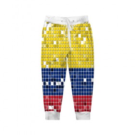 Детские брюки 3D с принтом Флаг Колумбии в Белгороде, 100% полиэстер | манжеты по низу, эластичный пояс регулируется шнурком, по бокам два кармана без застежек, внутренняя часть кармана из мелкой сетки | Тематика изображения на принте: пиксельный