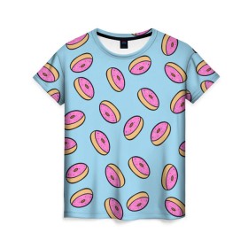 Женская футболка 3D с принтом Пончики в Белгороде, 100% полиэфир ( синтетическое хлопкоподобное полотно) | прямой крой, круглый вырез горловины, длина до линии бедер | Тематика изображения на принте: doughnut | food | pattern | sweet | vegan | vegetarian | веган | вегетарианство | еда | паттерн | пончик | сладкое