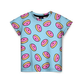 Детская футболка 3D с принтом Пончики в Белгороде, 100% гипоаллергенный полиэфир | прямой крой, круглый вырез горловины, длина до линии бедер, чуть спущенное плечо, ткань немного тянется | doughnut | food | pattern | sweet | vegan | vegetarian | веган | вегетарианство | еда | паттерн | пончик | сладкое