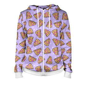 Женская толстовка 3D на молнии с принтом Пицца Мун в Белгороде, 100% полиэстер | длина до линии бедра, манжеты и пояс оформлены мягкой тканевой резинкой, двухслойный капюшон со шнурком для регулировки, спереди молния, по бокам два кармана | Тематика изображения на принте: food | pattern | pizza | sailor moon | еда | паттерн | пицца | сейлор мун