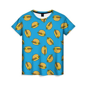 Женская футболка 3D с принтом Бургеры в Белгороде, 100% полиэфир ( синтетическое хлопкоподобное полотно) | прямой крой, круглый вырез горловины, длина до линии бедер | burger | fast food | food | pattern | бургер | еда | паттерн | фастфуд