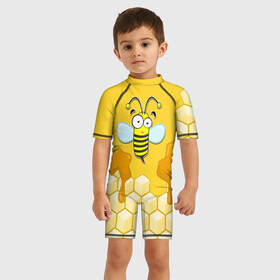 Детский купальный костюм 3D с принтом Пчелка в Белгороде, Полиэстер 85%, Спандекс 15% | застежка на молнии на спине | животные | лето | мед | насекомые | природа | пчела | пчелка | соты