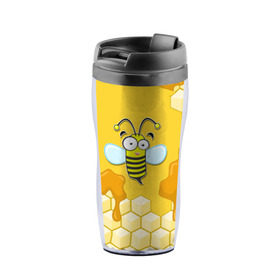 Термокружка-непроливайка с принтом Пчелка в Белгороде, внутренняя часть — пищевой пластик, наружная часть — прозрачный пластик, между ними — полиграфическая вставка с рисунком | объем — 350 мл, герметичная крышка | животные | лето | мед | насекомые | природа | пчела | пчелка | соты