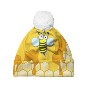 Шапка 3D c помпоном с принтом Пчелка в Белгороде, 100% полиэстер | универсальный размер, печать по всей поверхности изделия | животные | лето | мед | насекомые | природа | пчела | пчелка | соты