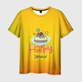 Мужская футболка 3D с принтом С днем рождения! в Белгороде, 100% полиэфир | прямой крой, круглый вырез горловины, длина до линии бедер | Тематика изображения на принте: birthday | happy | день рождения | подарки | праздник | свечи | торт