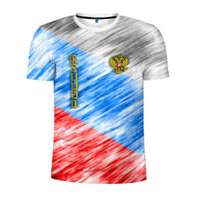 Мужская футболка 3D спортивная с принтом Российский флаг с гербом в Белгороде, 100% полиэстер с улучшенными характеристиками | приталенный силуэт, круглая горловина, широкие плечи, сужается к линии бедра | 
