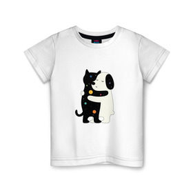 Детская футболка хлопок с принтом Обнимашки в Белгороде, 100% хлопок | круглый вырез горловины, полуприлегающий силуэт, длина до линии бедер | Тематика изображения на принте: cat | в горох | космический | космос | кот | кошка | любовь | милый | пес | собака