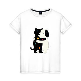 Женская футболка хлопок с принтом Обнимашки в Белгороде, 100% хлопок | прямой крой, круглый вырез горловины, длина до линии бедер, слегка спущенное плечо | cat | в горох | космический | космос | кот | кошка | любовь | милый | пес | собака